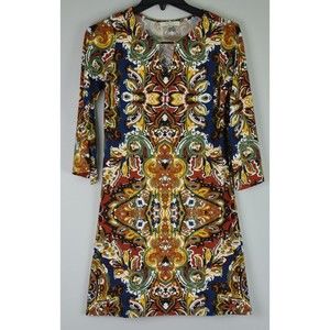 Haani Petite Womens SZ PS 3/4 Sleeve Sheath Dress - Brown, Blue, Rust W/Accents